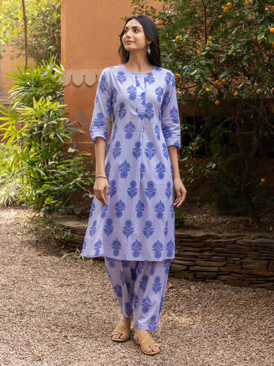 FIORRA Women's Blue Cotton Flared Kurta Set
